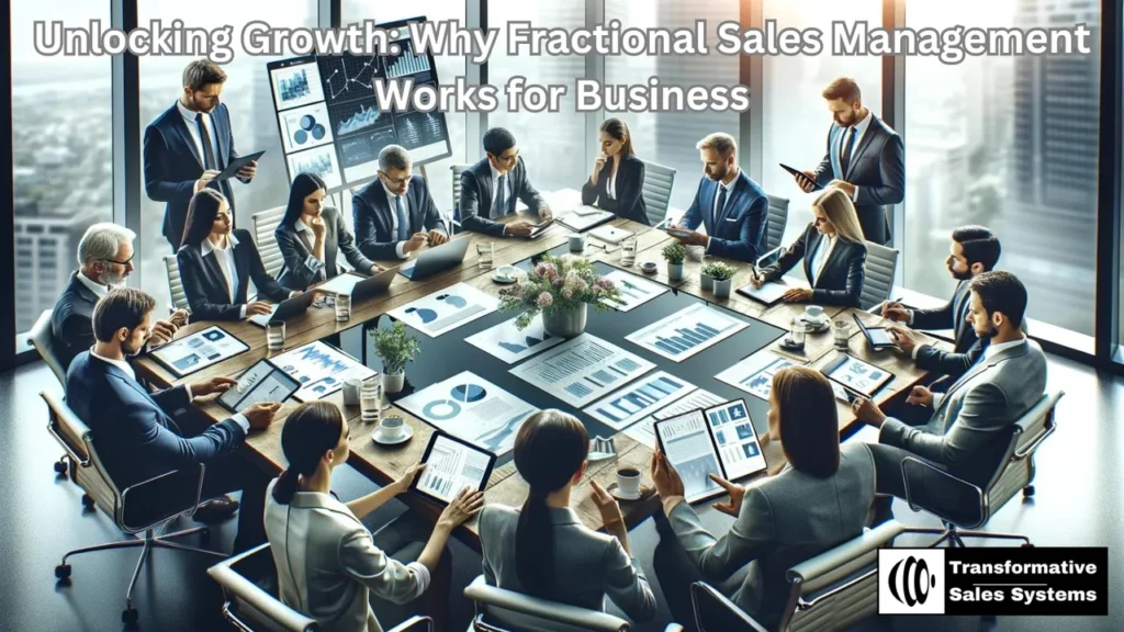 Fractional Sales Management leading a collaborative team sales meeting in a modern office environment, guiding discussion on pipeline growth and performance metrics.