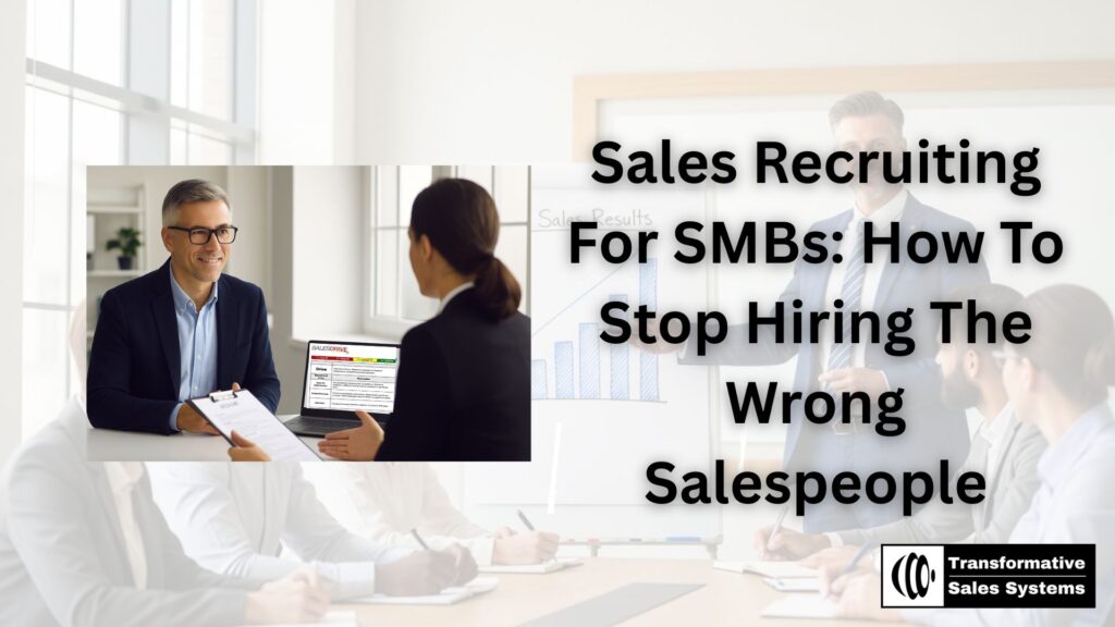 SMB CEO interviewing a salesperson with a structured sales recruiting process and SalesDrive assessment results on screen