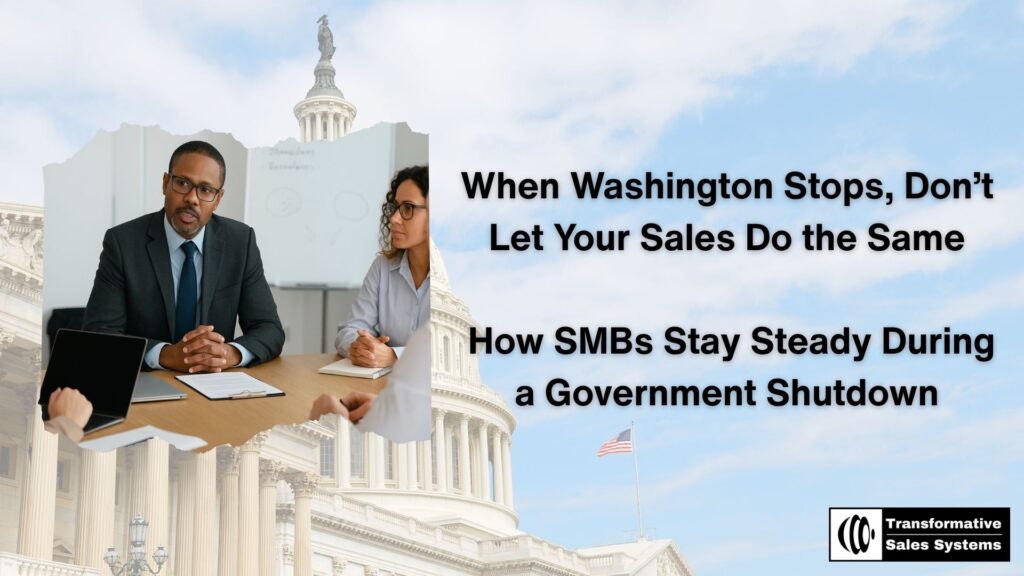 Fractional sales manager leading a small B2B sales team through an accountability meeting to protect revenue during a government shutdown.