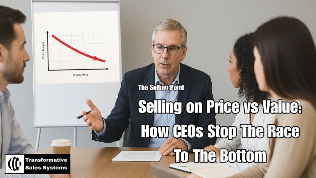 CEO reviewing sales strategy and discussing selling on price vs value with team.