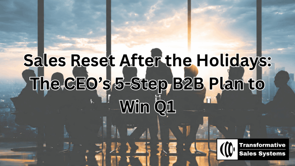 CEO leading a B2B sales reset after the holidays with sales team reviewing pipeline, goals, and sales process in a conference room