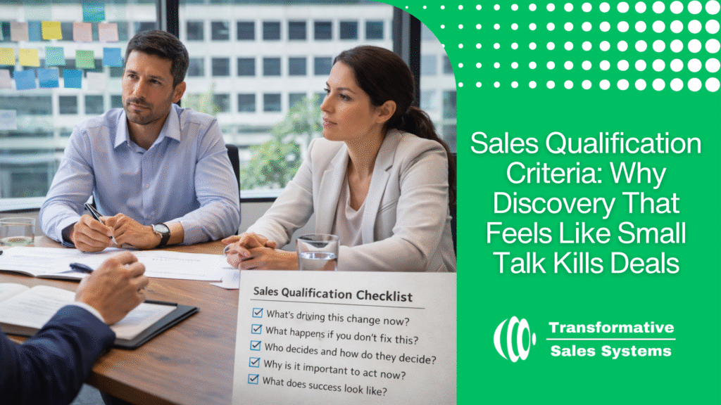 Sales qualification criteria discussed during a sales discovery meeting in a modern office