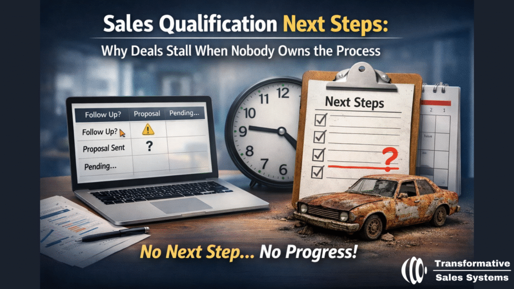 Sales qualification next steps shown with a CRM pipeline and a next-steps checklist to illustrate how deals stall without process ownership