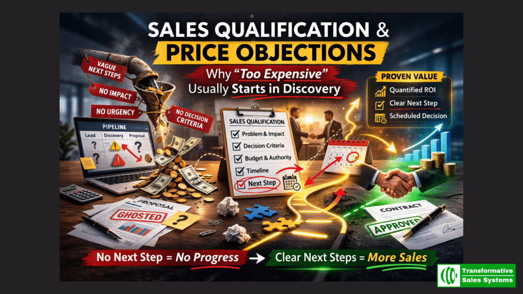Sales qualification and price objections illustrated by a discovery call checklist, value metrics, and a rejected proposal showing how “too expensive” starts early