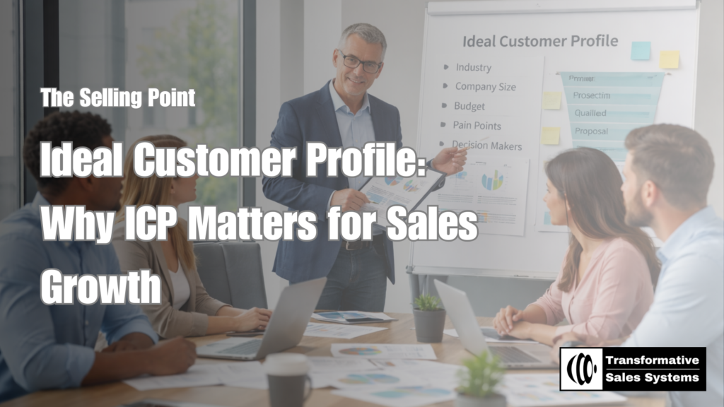 Sales leader reviewing ideal customer profile (ICP) criteria and pipeline fit with a small business sales team in a modern office