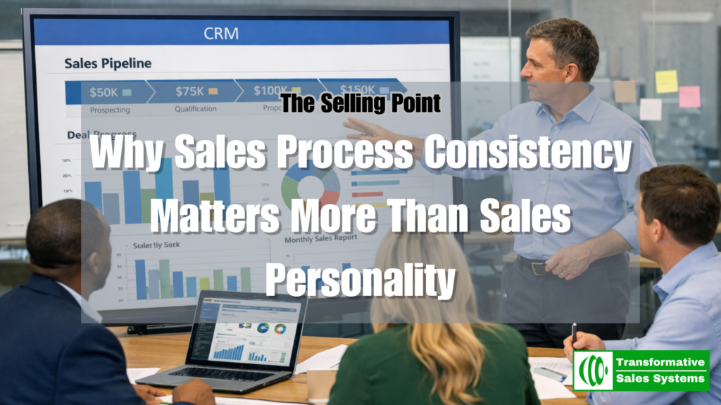 A business owner and sales team reviewing pipeline stages and CRM data in a modern office, illustrating the importance of sales process consistency