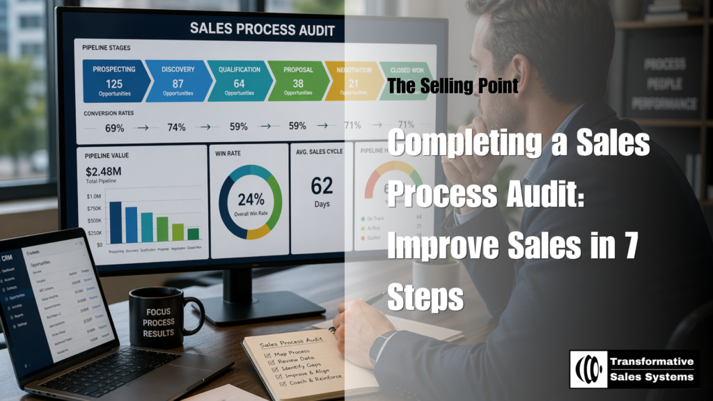 Sales leader completing a sales process audit with pipeline stages, CRM data, and team metrics on screen in a modern office