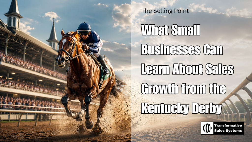 A Kentucky Derby-style racehorse and jockey charging down the track, symbolizing sales growth, sales leadership, preparation, and execution for small and midsize businesses.