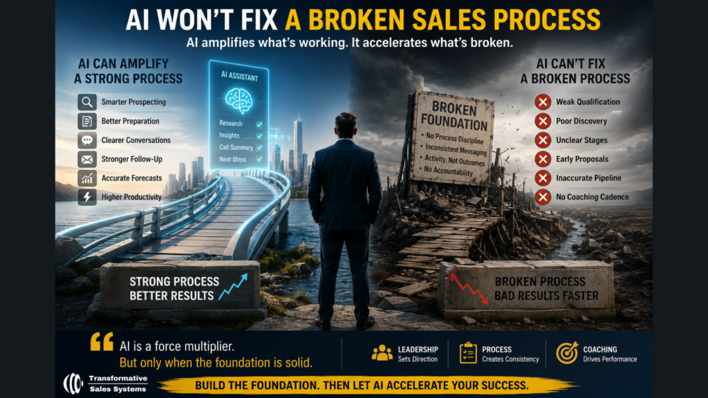 AI in sales showing two paths, one with a strong sales process that AI can accelerate and one with a broken sales process that AI cannot fix.