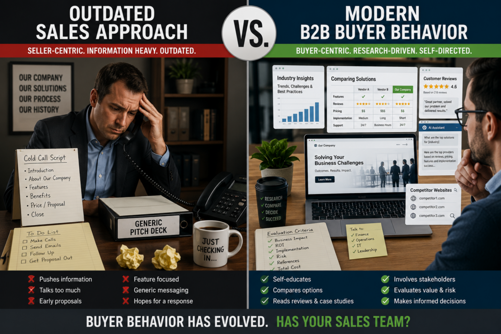 B2B buyer behavior changing as a modern buyer researches vendors online while an outdated sales process struggles to keep up.