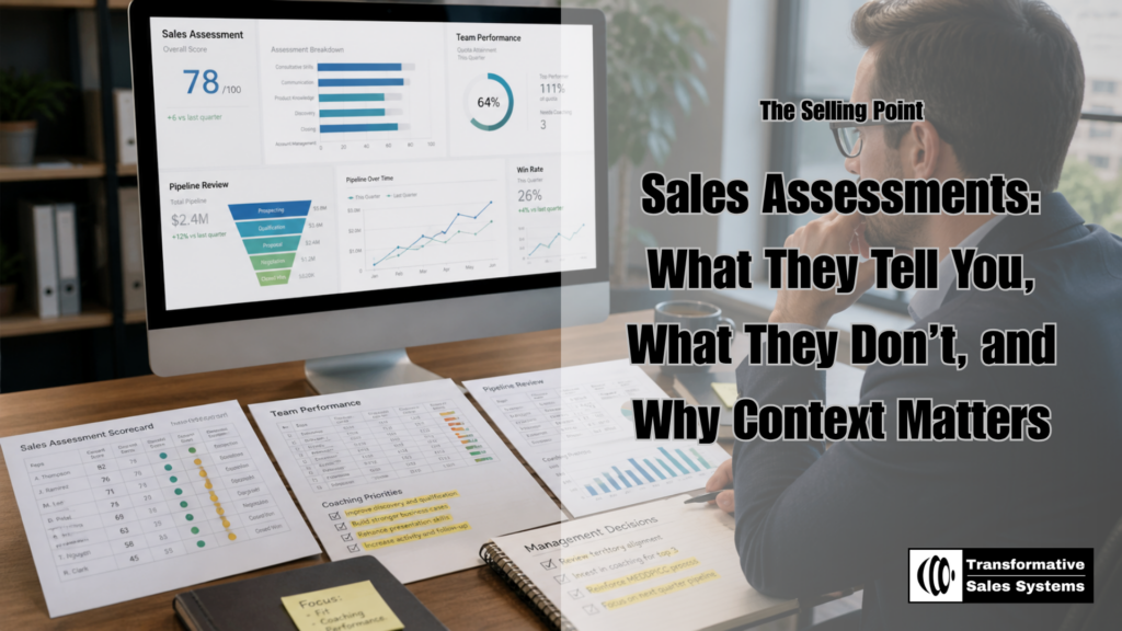 Business leader reviewing sales assessment data, sales team performance reports, and pipeline insights to evaluate salesperson fit, coaching needs, and sales management decisions.