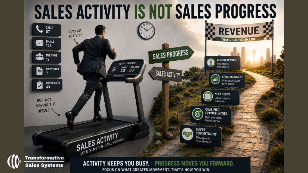 Salesperson running on a sales activity treadmill while real sales progress requires qualified opportunities, buyer next steps, and revenue movement.