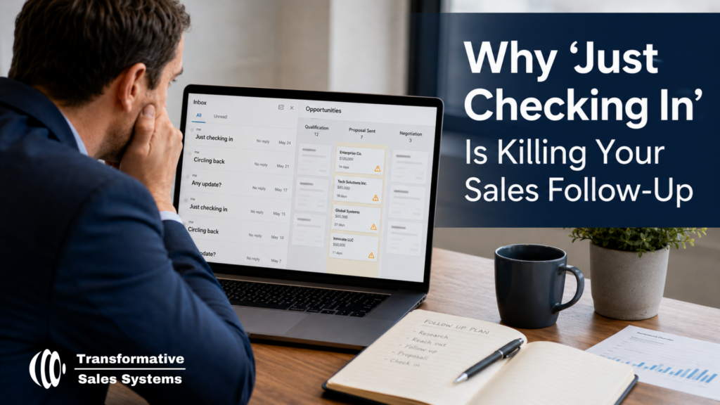 Sales follow-up mistake shown through repeated “just checking in” emails and stalled opportunities in a CRM pipeline.