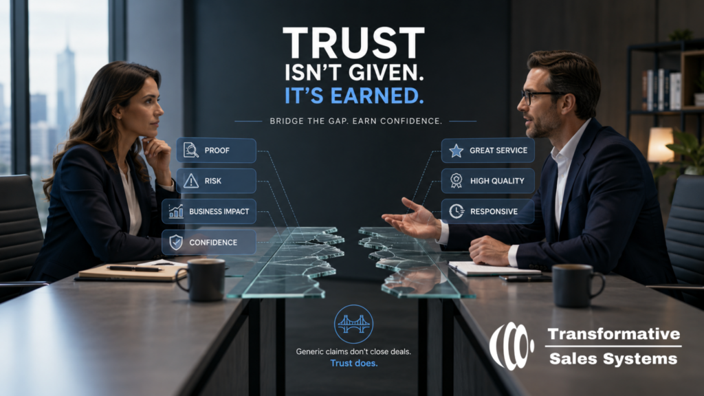 Building trust in sales by bridging the gap between generic sales claims and buyer concerns about proof, risk, business impact, and confidence.
