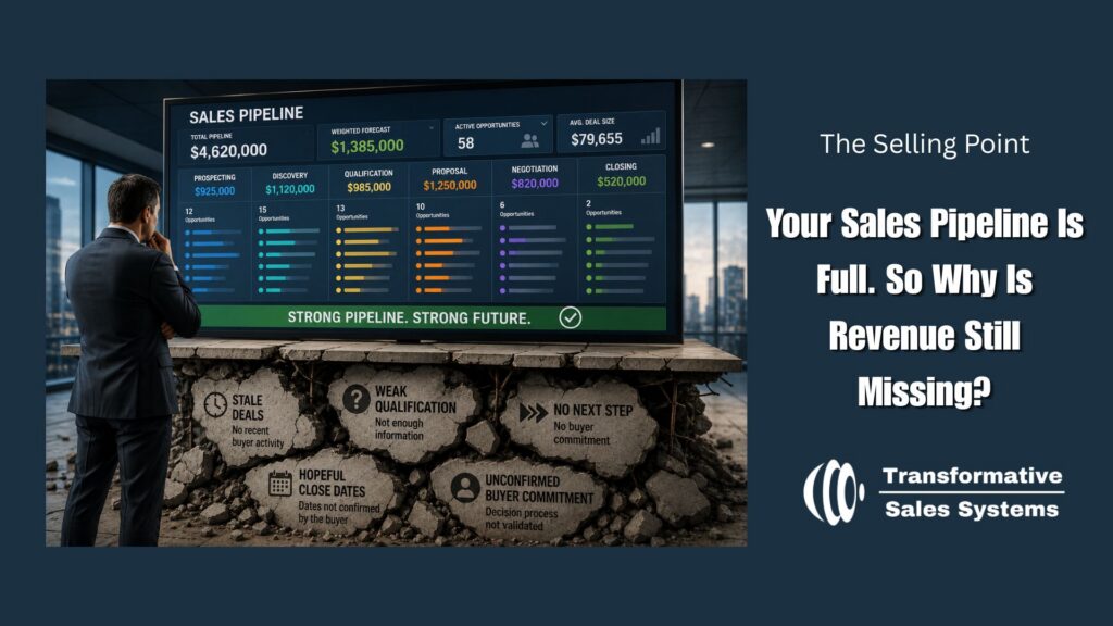 Sales pipeline management dashboard showing a full pipeline above a cracked foundation of stale deals, weak qualification, and missing buyer commitment.