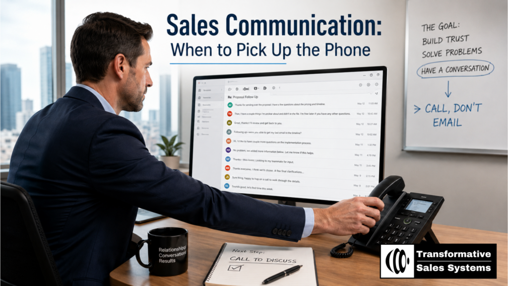 Sales communication decision showing a salesperson choosing a phone call instead of continuing a long email chain.