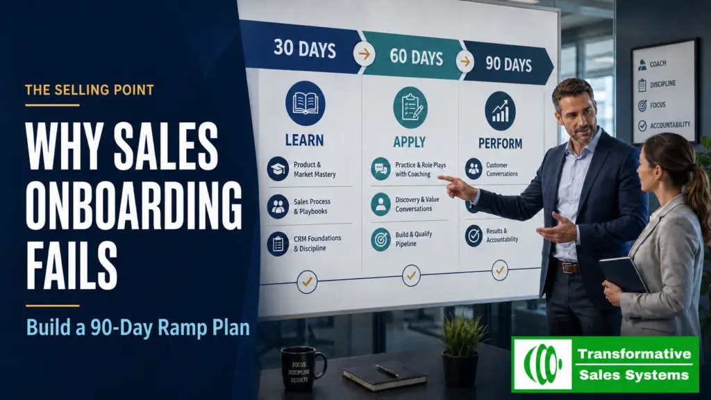 Sales manager guiding a new salesperson through a structured 90-day sales onboarding process with 30-, 60-, and 90-day milestones.