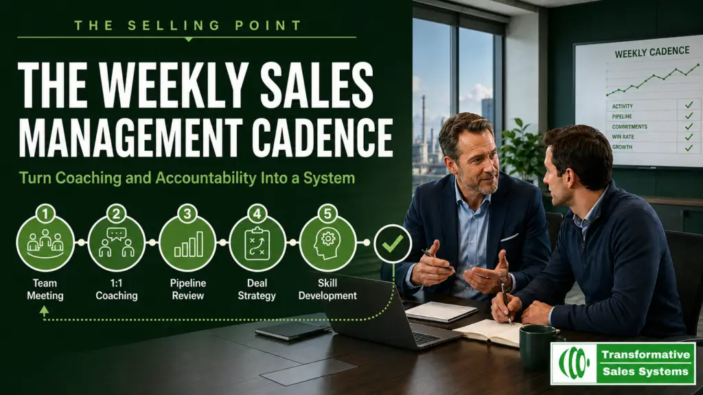 Sales manager coaching a salesperson through a weekly sales management cadence of one-on-one coaching, pipeline review, deal strategy, and accountability.