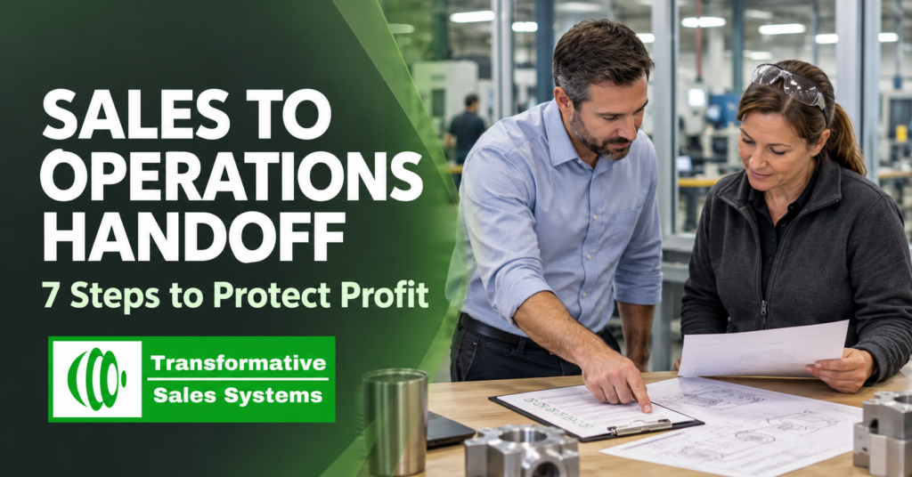 Sales to operations handoff with two colleagues reviewing a checklist and technical drawings, featuring the headline “7 Steps to Protect Profit” and the Transformative Sales Systems logo.