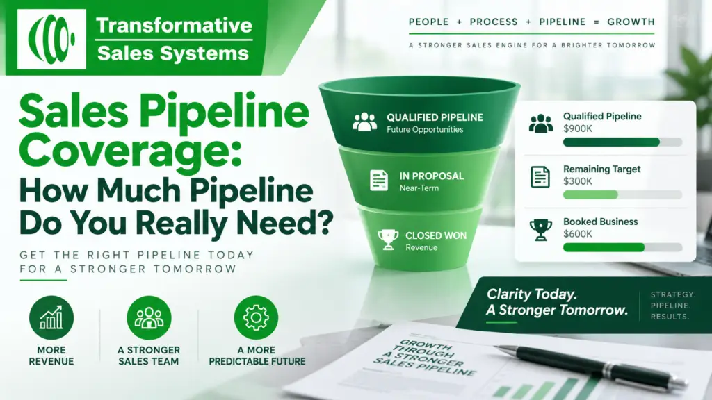 Sales leader reviewing a sales pipeline coverage dashboard showing a bookings target, qualified pipeline, and a coverage gap.