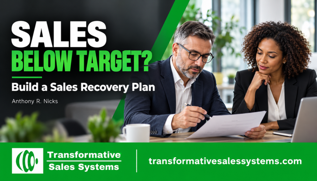 Business owner and sales manager reviewing a sales recovery plan with a $300,000 quarterly bookings gap.