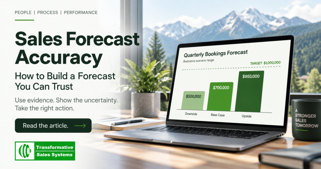 Sales forecast accuracy dashboard comparing a $1 million bookings target with downside, base, and upside forecasts.